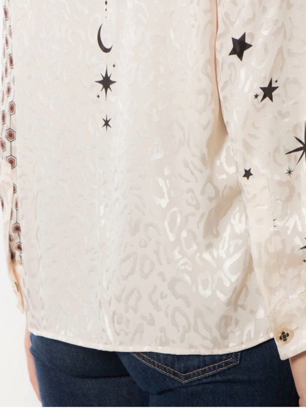 Vilagallo Mixed Print Leopard Butterfly Button-Up Blouse in Cream & Black - Picture 6 of 7